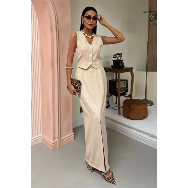 Etek Yırtmaçlı Yelekli Keten Takım 10131