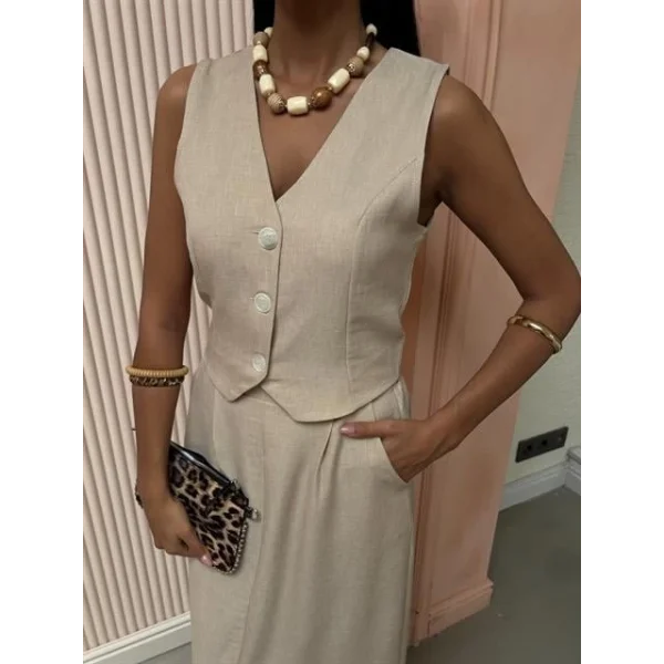 Etek Yırtmaçlı Yelekli Keten Takım 10131