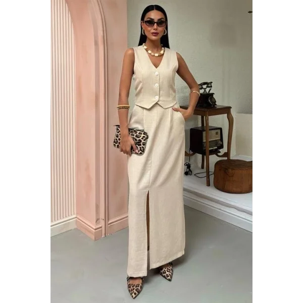 Etek Yırtmaçlı Yelekli Keten Takım 10131