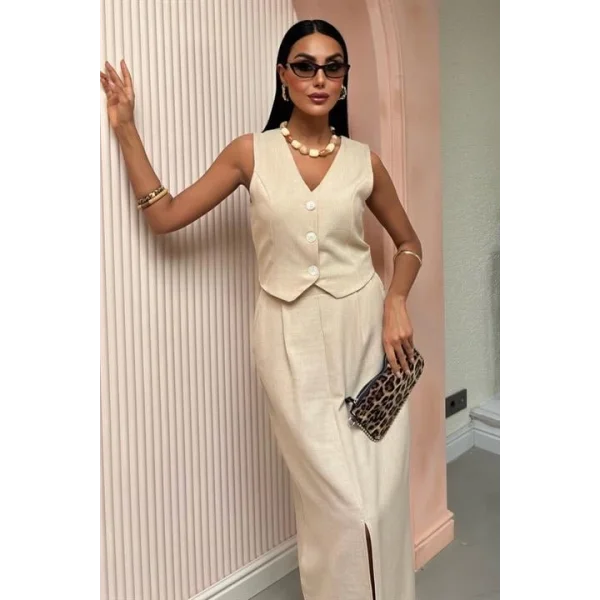 Etek Yırtmaçlı Yelekli Keten Takım 10131