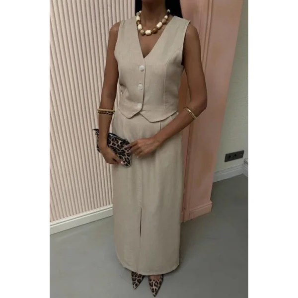 Etek Yırtmaçlı Yelekli Keten Takım 10131