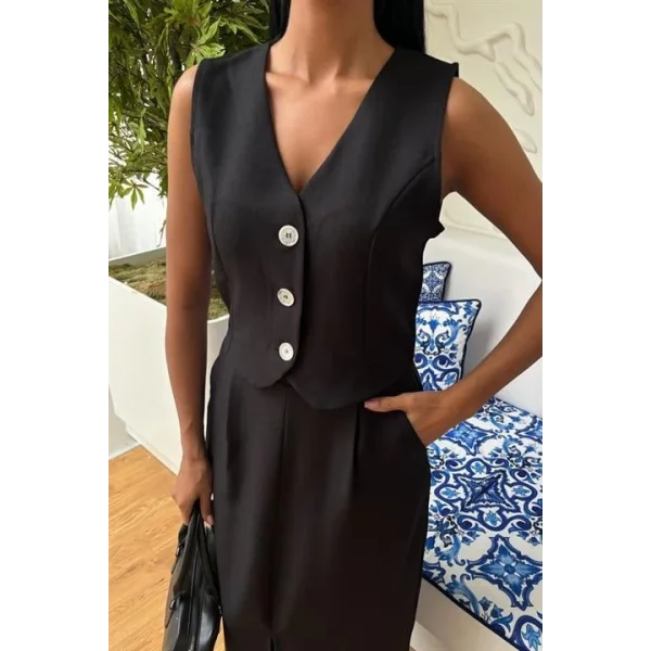 Etek Yırtmaçlı Yelekli Keten Takım 10131