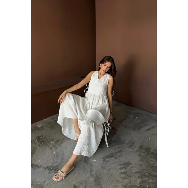 ETEKUCU FIRFIRLI SIRTI BAĞLAMA DETAYLI SALAŞ ELBİSE - Beyaz
