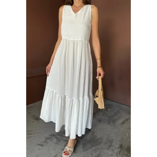 ETEKUCU FIRFIRLI SIRTI BAĞLAMA DETAYLI SALAŞ ELBİSE - Beyaz