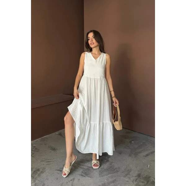 ETEKUCU FIRFIRLI SIRTI BAĞLAMA DETAYLI SALAŞ ELBİSE - Beyaz