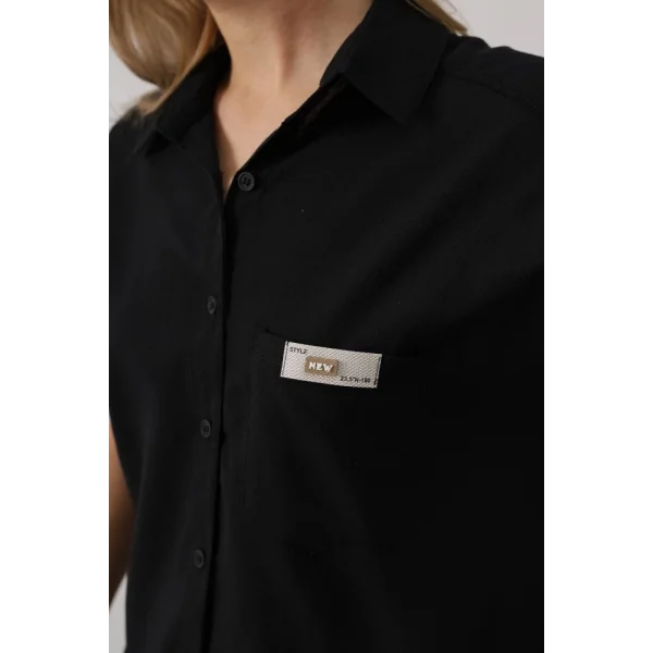 Etiket Detaylı Yarım Kol Gömlek - Siyah