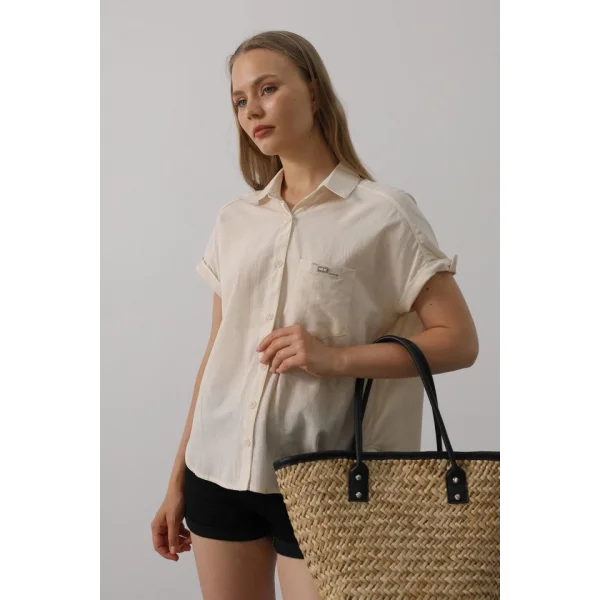 Etiket Detaylı Yarım Kol Gömlek - Taş