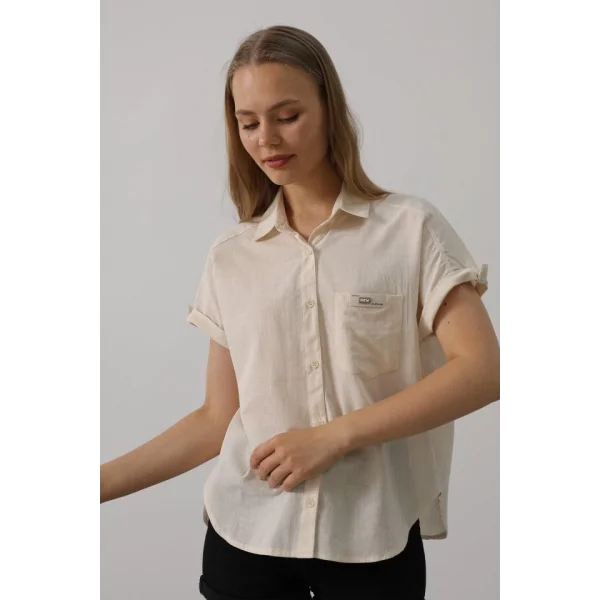 Etiket Detaylı Yarım Kol Gömlek - Taş