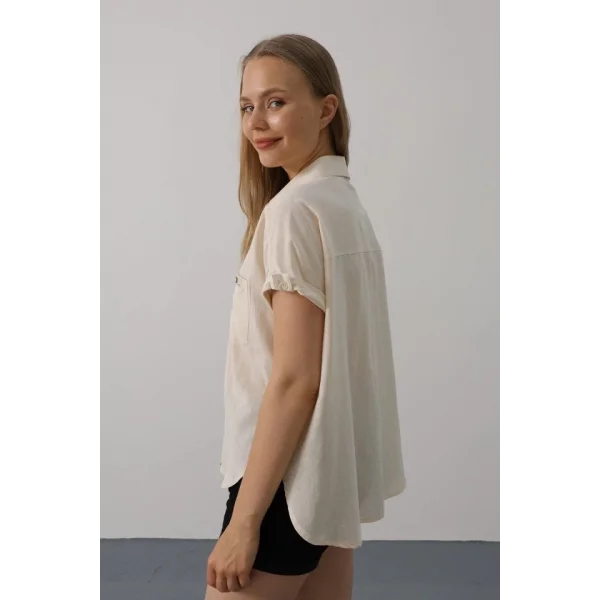 Etiket Detaylı Yarım Kol Gömlek - Taş