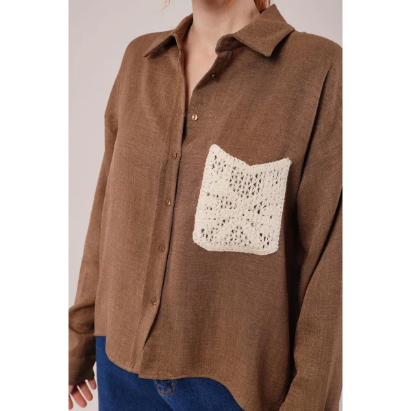 Etnik Cep Detaylı Kahverengi Gömlek