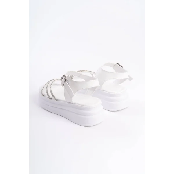 EVA Kalın Tokalı Taşlı Şeritli Ortopedik Taban Kadın Sandalet  CBT - Beyaz