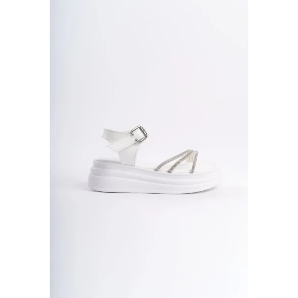 EVA Kalın Tokalı Taşlı Şeritli Ortopedik Taban Kadın Sandalet  CBT - Beyaz