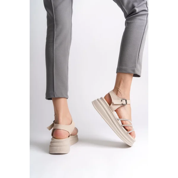 EVA Kalın Tokalı Taşlı Şeritli Ortopedik Taban Kadın Sandalet  CKT - Krem