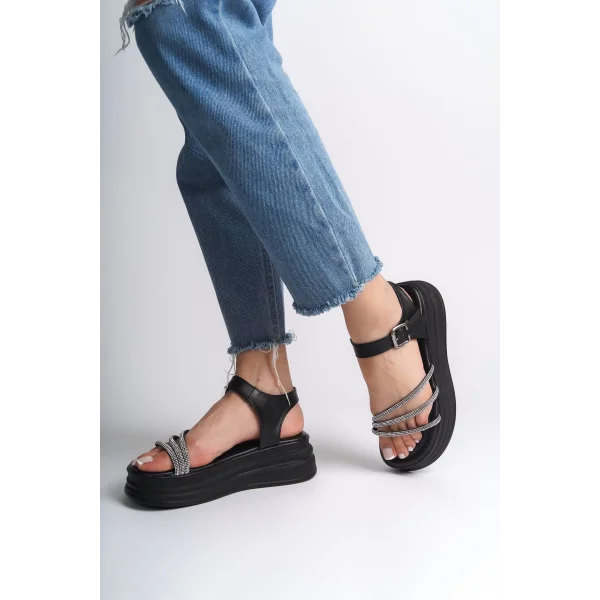 EVA Kalın Tokalı Taşlı Şeritli Ortopedik Taban Kadın Sandalet  CST - Siyah