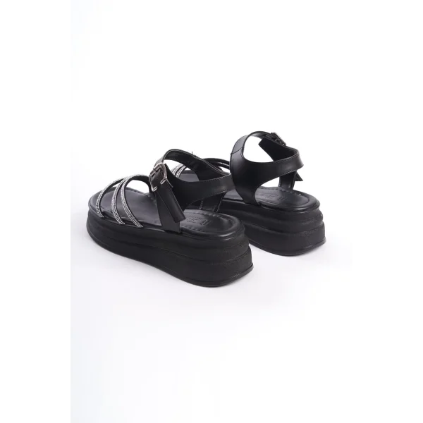 EVA Kalın Tokalı Taşlı Şeritli Ortopedik Taban Kadın Sandalet  CST - Siyah