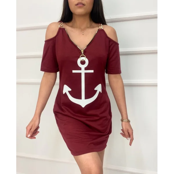 Fermuar Detay çıpa Baskılı Zincir Askılı Iki Iplik Elbise