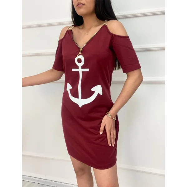 Fermuar Detay çıpa Baskılı Zincir Askılı Iki Iplik Elbise