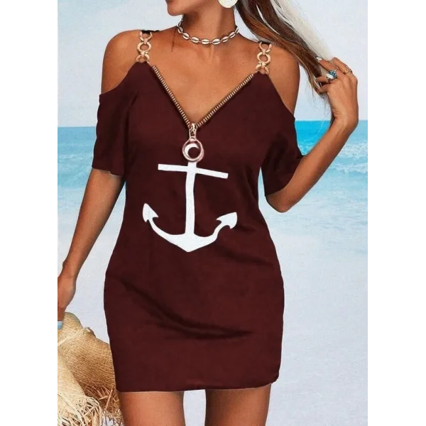 Fermuar Detay çıpa Baskılı Zincir Askılı Iki Iplik Elbise - Bordo