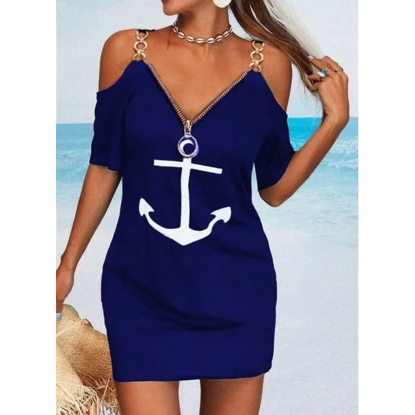 Fermuar Detay çıpa Baskılı Zincir Askılı Viskon Elbise