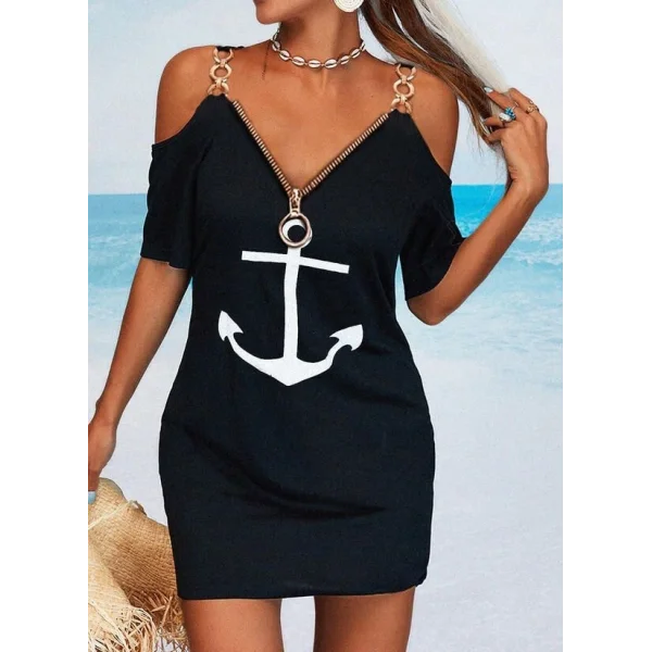 Fermuar Detay çıpa Baskılı Zincir Askılı Viskon Elbise