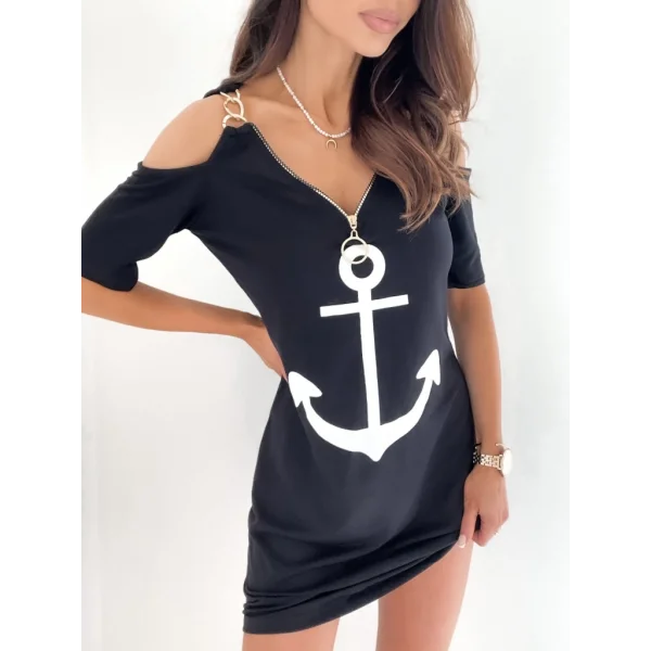 Fermuar Detay çıpa Baskılı Zincir Askılı Viskon Elbise