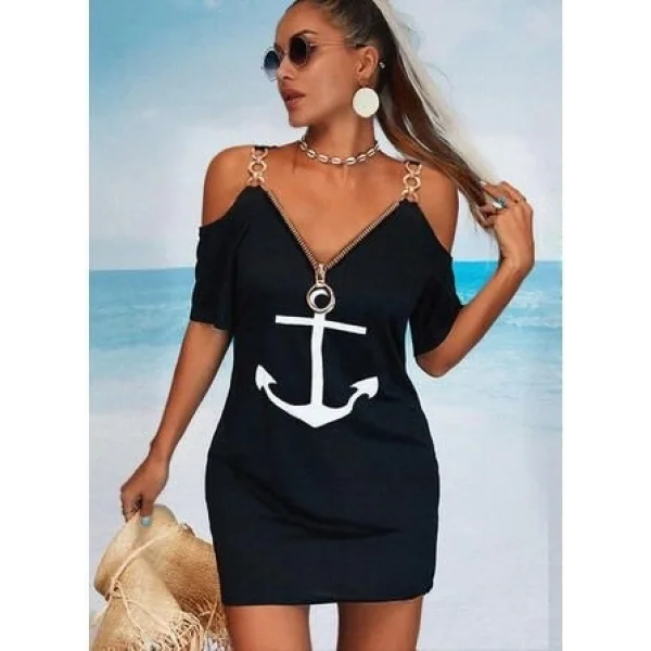 Fermuar Detay çıpa Baskılı Zincir Askılı Viskon Elbise