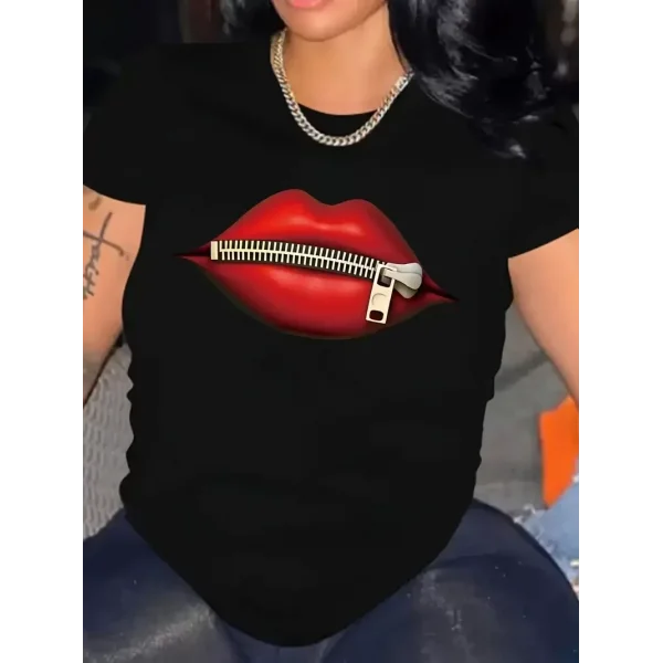 fermuar dudak baskılı tişört bisiklet yaka kısa kollu tişört - Siyah