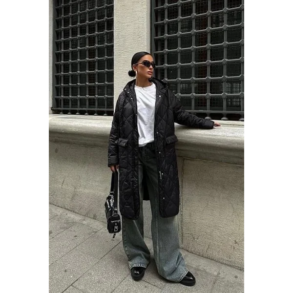 Fermuar Ve Kapşonlu Uzun Kapitone Mont 7062