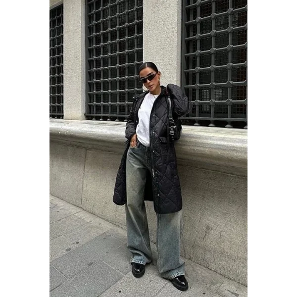 Fermuar Ve Kapşonlu Uzun Kapitone Mont 7062