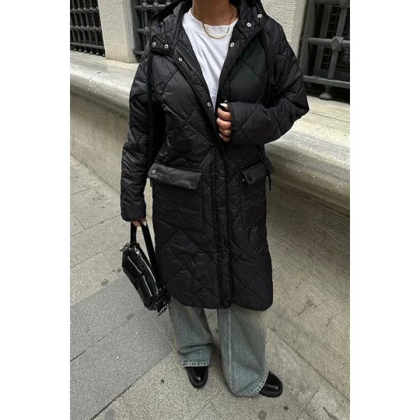 Fermuar Ve Kapşonlu Uzun Kapitone Mont 7062