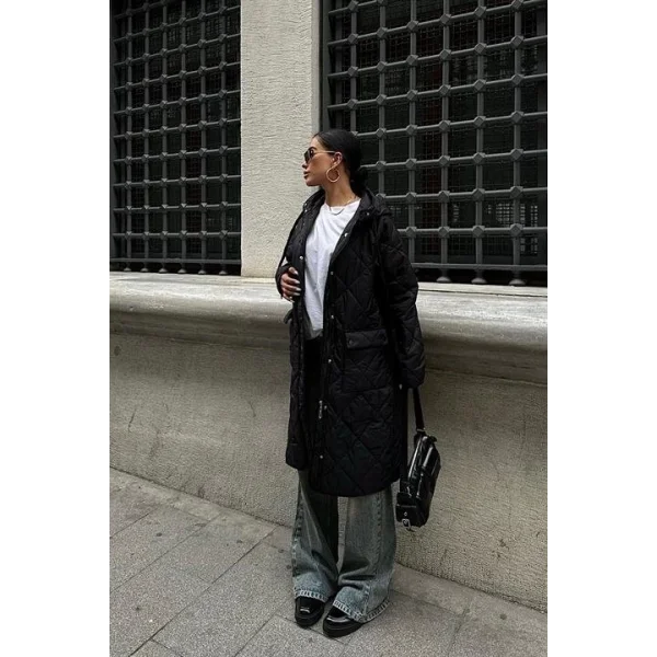 Fermuar Ve Kapşonlu Uzun Kapitone Mont 7062