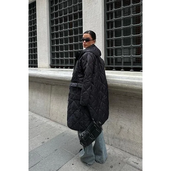 Fermuar Ve Kapşonlu Uzun Kapitone Mont 7062