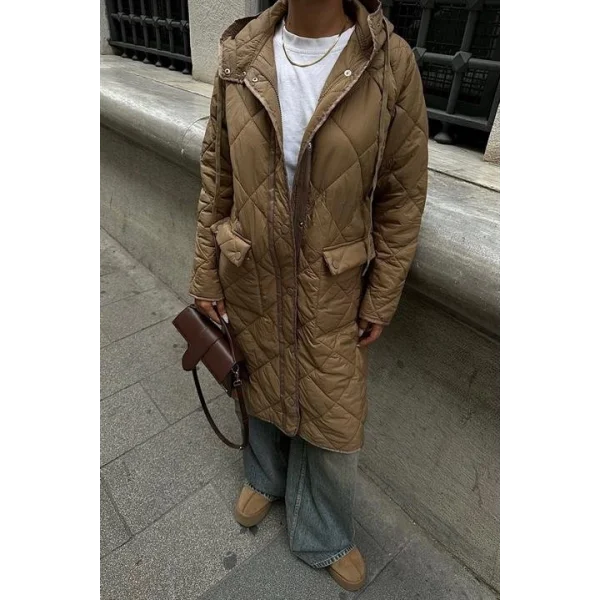 Fermuar Ve Kapşonlu Uzun Kapitone Mont 7062