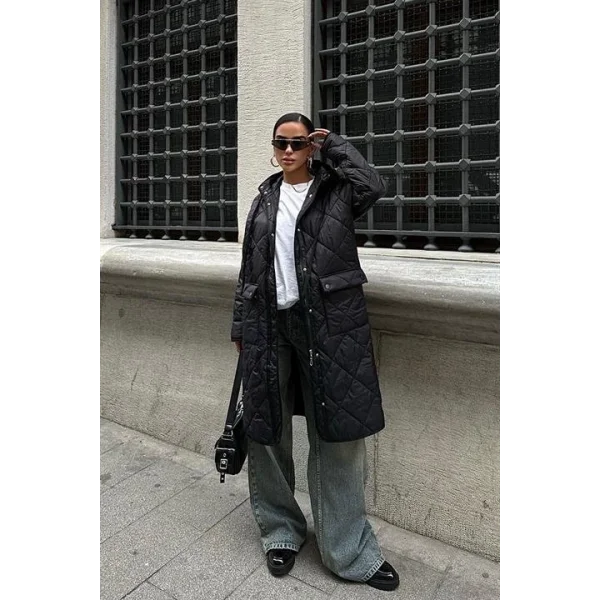 Fermuar Ve Kapşonlu Uzun Kapitone Mont 7062