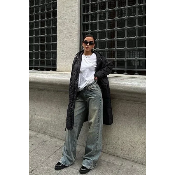 Fermuar Ve Kapşonlu Uzun Kapitone Mont 7062