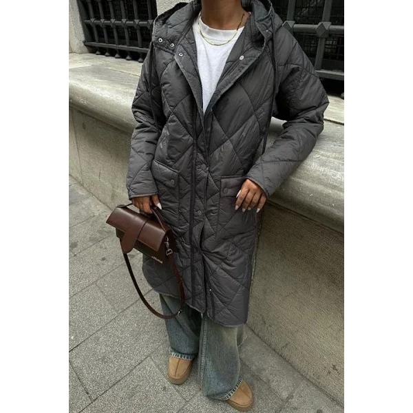 Fermuar Ve Kapşonlu Uzun Kapitone Mont 7062