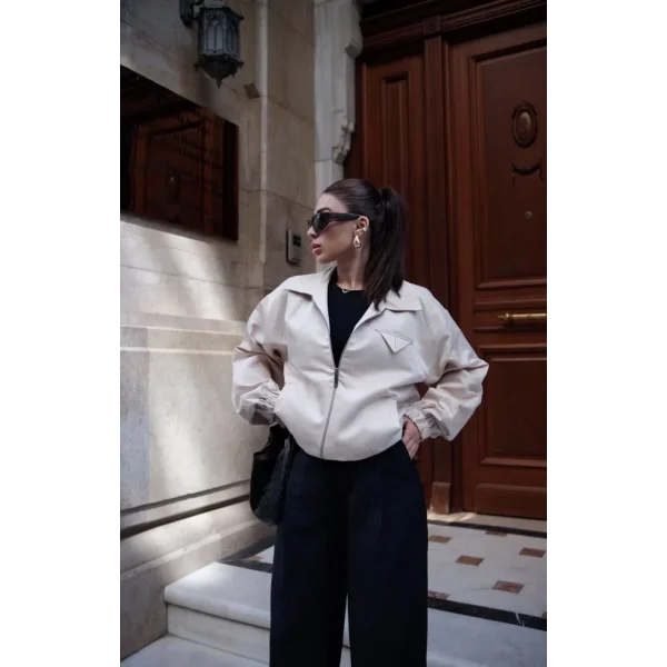 Fermuarlı Gömlek Yaka Bomber Ceket - Beyaz