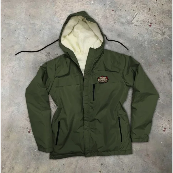 Fermuarlı Uzun Kol  Kapüşonlu İçi Kürklü Mont - Haki