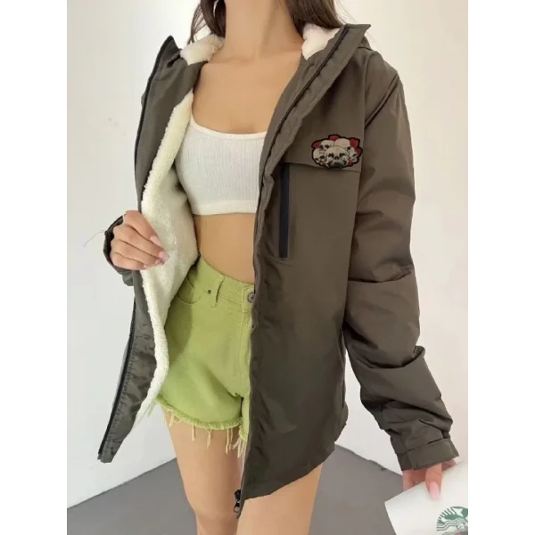 Fermuarlı Uzun Kol  Kapüşonlu İçi Kürklü Mont - Kahverengi