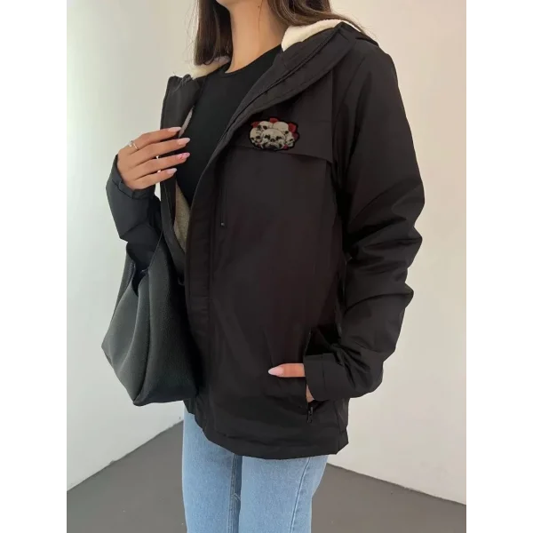 Fermuarlı Uzun Kol  kapüşonlu İçi Kürklü Mont - Siyah