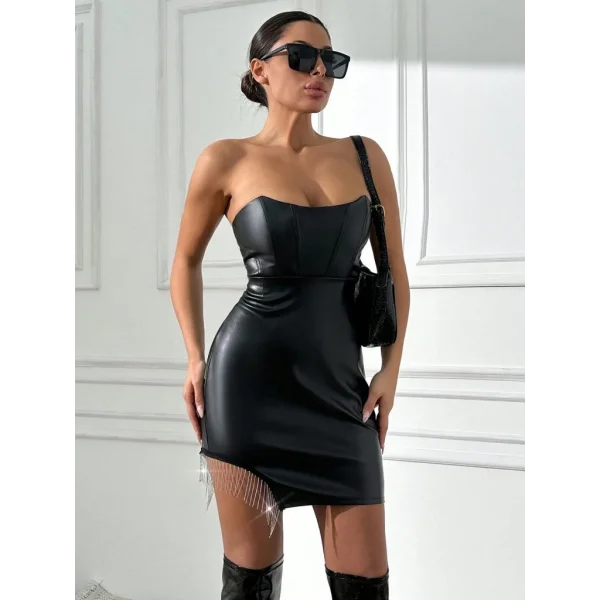 Fermuarlı Yan Etek Ucu Oval Zincir Detaylı Deri Mini Etek