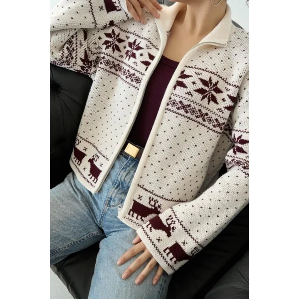 Fermuarlı Yılbaşı Hırkası  KremBordo