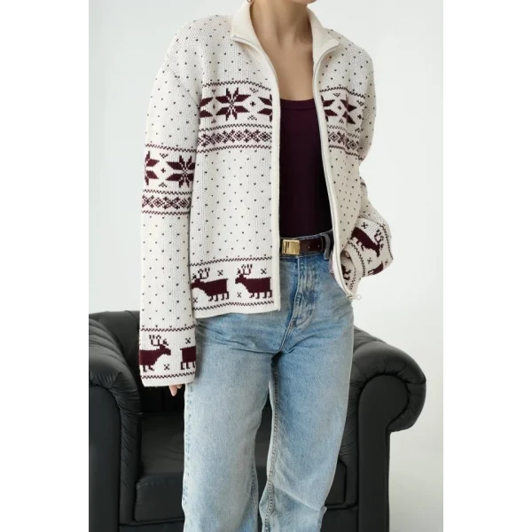 Fermuarlı Yılbaşı Hırkası  KremBordo