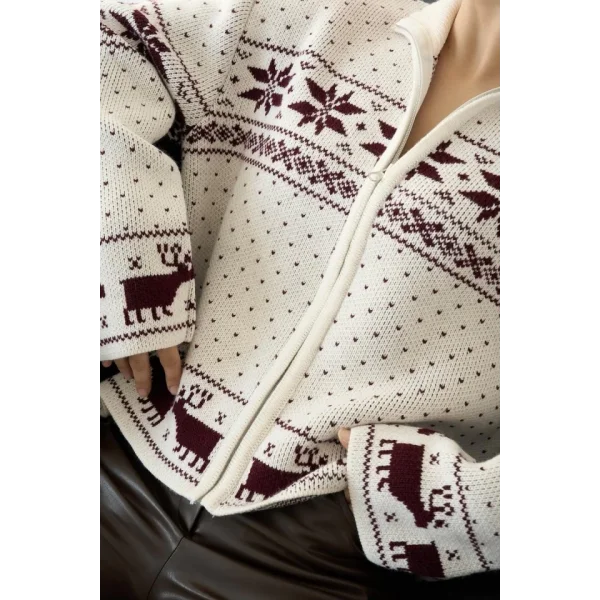 Fermuarlı Yılbaşı Hırkası  KremBordo