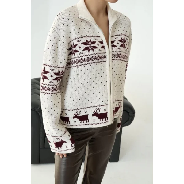 Fermuarlı Yılbaşı Hırkası  KremBordo