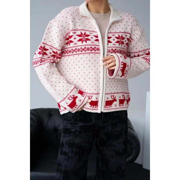 Fermuarlı Yılbaşı Hırkası  KremKırmızı