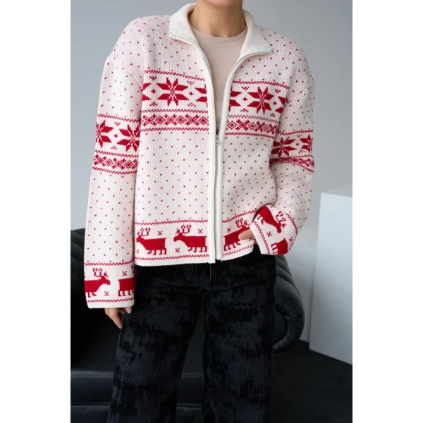 Fermuarlı Yılbaşı Hırkası  KremKırmızı