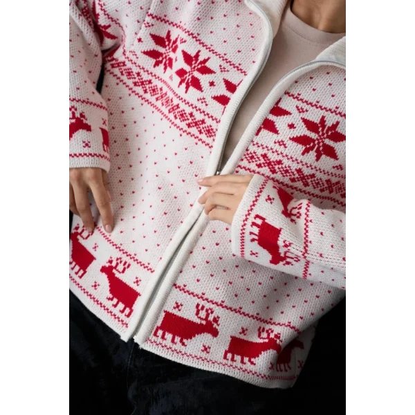 Fermuarlı Yılbaşı Hırkası  KremKırmızı