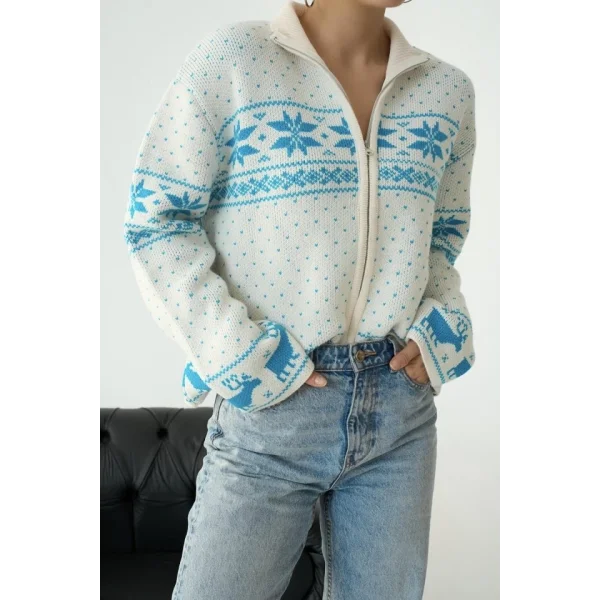 Fermuarlı Yılbaşı Hırkası  KremTurkuaz