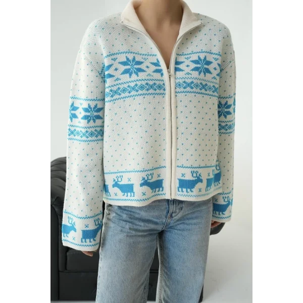 Fermuarlı Yılbaşı Hırkası  KremTurkuaz